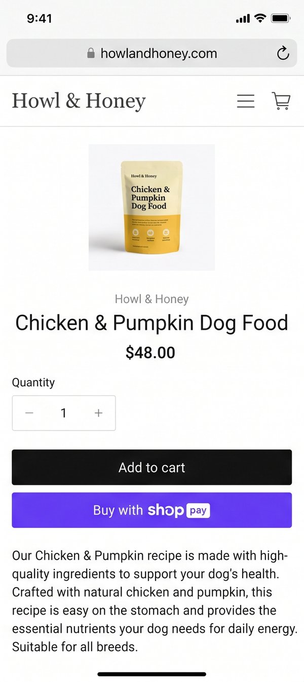Default product page: small photo, title, price, quantity, add to cart, generic description
